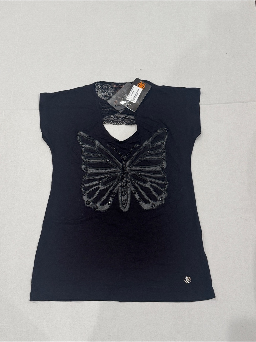 NWT Roberto Cavalli Black Butterfly Lace Keyhole T-Shirt Top Size L Italy